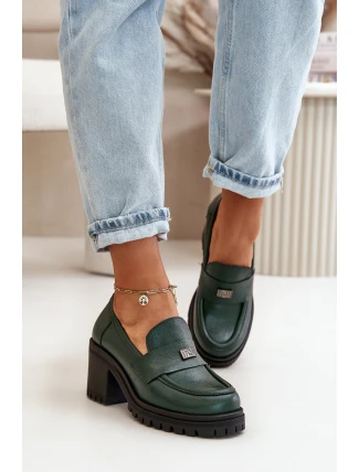 Zazoo 20168 Elegantní dámské polobotky na podpatku přírodní kůže tmavě zelené