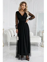 664-3 Dlouhé maxi šaty s tylovými rukávy a obálkovým výstřihem - černé