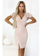479-13 NINA elegantní šaty s obálkovým výstřihem, rukávy a páskem - béžové se třpytkami