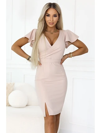 479-13 NINA elegantní šaty s obálkovým výstřihem, rukávy a páskem - béžové se třpytkami