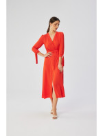 S365 Viskózové šaty áčkového střihu s vázacími rukávy - korálová barva