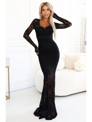620-1 Večerní krajkové síťované maxi šaty s dlouhými rukávy - černé 620-1 Večerní krajkové síťované maxi šaty s dlouhými rukávy - černé