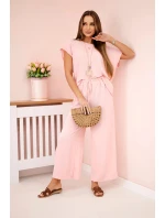 Viskózový komplet plisovaná halenka + kalhoty pudrově růžová