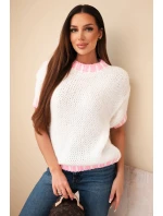 Dámský svetr s krátkým rukávem a kontrastním lemem ecru