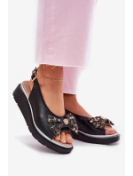 Dámské kožené sandály na klínu s mašlí Zazoo 1882 černé