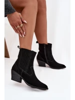 Semišové kovbojské kotníkové boty dámské na podpatku zateplené černé Dylira