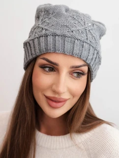 Dámská zimní čepice s vlnou a ozdobným pletením s perličkami K470 tmavě šedá