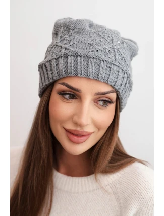 Dámská zimní čepice s vlnou a ozdobným pletením s perličkami K470 tmavě šedá