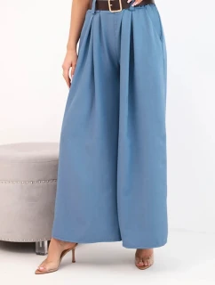 Dámské kalhoty s širokou nohavicí a páskem jeansové modré
