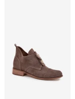 Semišové dámské polobotky s ozdobnými květinami Zazoo 3080 tmavě béžové