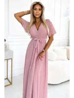 545-1 Dlouhé šaty se skládaným výstřihem a kosticemi - PUDRAL ROSE