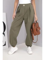 Dámské bavlněné kalhoty s vysokým pasem a ozdobným knoflíkem khaki