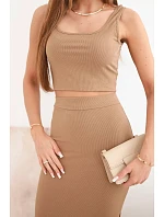 Dámský komplet top a proužkovaná sukně camelový