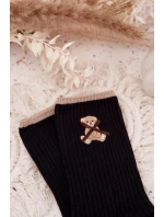 Bavlněné žebrované ponožky s medvídkem – černé