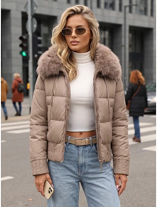 Dámská zimní prošívaná bunda s kožešinou, béžová, FashionStreet TY5830
