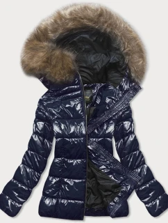 Tmavě modrá lakovaná prošívaná dámská bunda (7695)