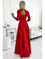 Elegantní krajkové dlouhé šaty s výstřihem a rozparkem Numoco AMBER - červené