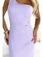 317-6 Dlouhé šaty s volánkem a asymetrickým výstřihem - levandulová barva 317-6 Dlouhé šaty s volánkem a asymetrickým výstřihem - levandulová barva