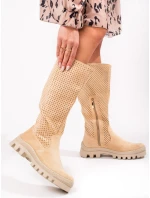 Módní dámské hnědé kozačky na plochém podpatku Módní dámské hnědé kozačky na plochém podpatku