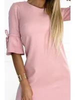 217-9 NEVA Trapézové šaty s rozšířenými rukávy - pudrově růžové se třpytkami 217-9 NEVA Trapézové šaty s rozšířenými rukávy - pudrově růžové se třpytkami