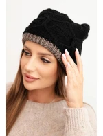 Dámská zimní čepice z vlny s proplétaným vzorem K443 černá + cappuccino