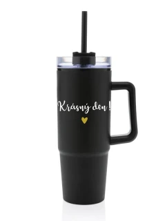 KRÁSNÝ DEN - černý cestovní termohrnek s průhledným víčkem 900 ml