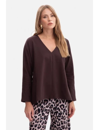 B304 Pletený svetr s výstřihem do V - tmavá čokoláda