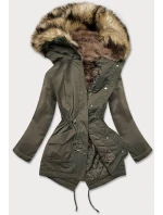 Prošívaná dámská zimní bunda v khaki barvě s kožešinou (m-137)