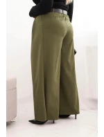 Dámské kalhoty Plus Size s širokou nohavicí a páskem khaki