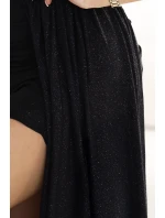 600-1 SELENA fenomenální dlouhé šaty na jedno rameno s třpytivými glitry a rozparkem na nohou - BLACK