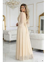 654-2 Dlouhé třpytivé plus size šaty s výstřihem a průhlednými rukávy - šampaňsko-béžové 654-2 Dlouhé třpytivé plus size šaty s výstřihem a průhlednými rukávy - šampaňsko-béžové