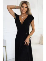 411-12 CRYSTAL lesklé dlouhé šaty s výstřihem - BLACK