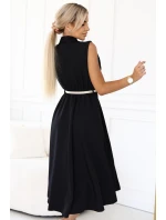 596-3 Elegantní midi košilka se zlatými knoflíky a páskem - ČERNÁ 596-3 Elegantní midi košilka se zlatými knoflíky a páskem - ČERNÁ