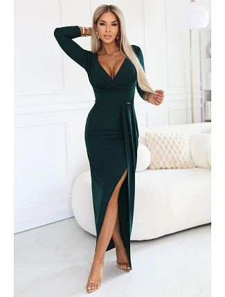 404-15 Elegantní dlouhé šaty s obálkovým výstřihem a rozparkem - lahvově zelené