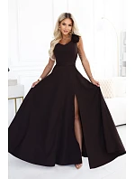 643-10 Elegantní večerní maxi šaty s rozparkem a růžemi – čokoládově hnědé