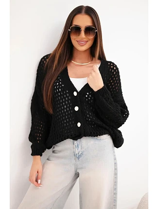 Dámský svetr oversized s knoflíky a děrovaný černý Dámský svetr oversized s knoflíky a děrovaný černý