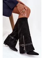 Dámské wsuwané kozačky nad koleno na sloupkovém podpatku s ozdobným páskem Jolivine – černé