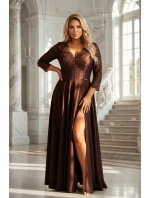 309-14 AMBER elegantní dlouhé krajkové šaty s výstřihem - čokoládové