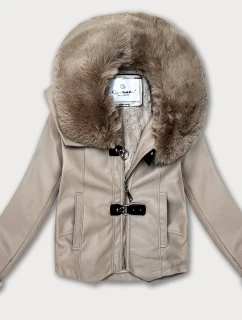 Béžová bunda z ekologické kůže s kožešinovým límcem Glakate (LU98091#)