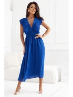 367-3 YANA Midi šaty s plisovanými volány a výstřihem - chrpová barva