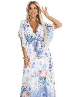 603-3 Vzdušné maxi šaty s obálkovým výstřihem a květinovým vzorem - BLUE ROSE