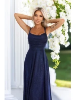 589-2 Dlouhé šaty s jemným třpytem a korzetovým zavazováním na zádech - tmavě modré s třpytkami