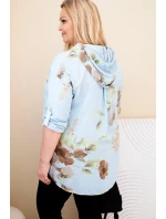 Dámská blůza Plus Size z viskózy s kapucí a květinovým vzorem modrá