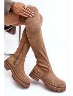 Dámské kozačky nad koleno na ploché podrážce béžové Silune Dámské kozačky nad koleno na ploché podrážce béžové Silune