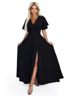 581-7 JENNIFER dlouhé šaty s rozparkem na nohou, rukávy a výstřihem - černé