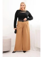 Dámské kalhoty Plus Size s širokou nohavicí a páskem camelové