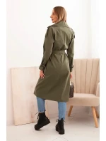 Dámský kabát s vázáním v pase a límcem khaki
