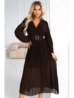 414-11 KLARA plisované elegantní midi šaty s páskem a výstřihem - čokoládové
