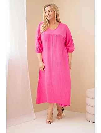 Dámské plus size šaty z bavlněného mušelínu s výstřihem do V růžová