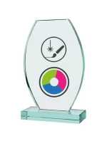 Skleněná trofej s barevným potiskem LuxorJet, gravírováním a inkoustovou výplní a pouzdrem